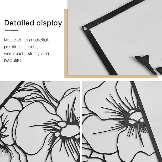 FUNTEREST 3 Pieces Black Metal Wall Art Decor Modern Minimalist Floral Single Line Living Room Wall Decor Abstract Wall Hanging Decor for Kitchen Office Bedroom Bathroom (Floral A)