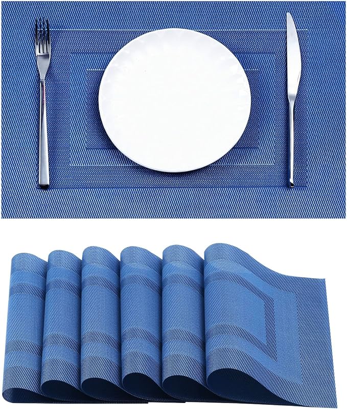 Leetaltree Blue Frame Placemats Set of 6 - Heat Resistant Non-Slip Place mats for Dining Table, Washable Durable PVC Vinyl Woven Table Mats(Blue Frame, 6)