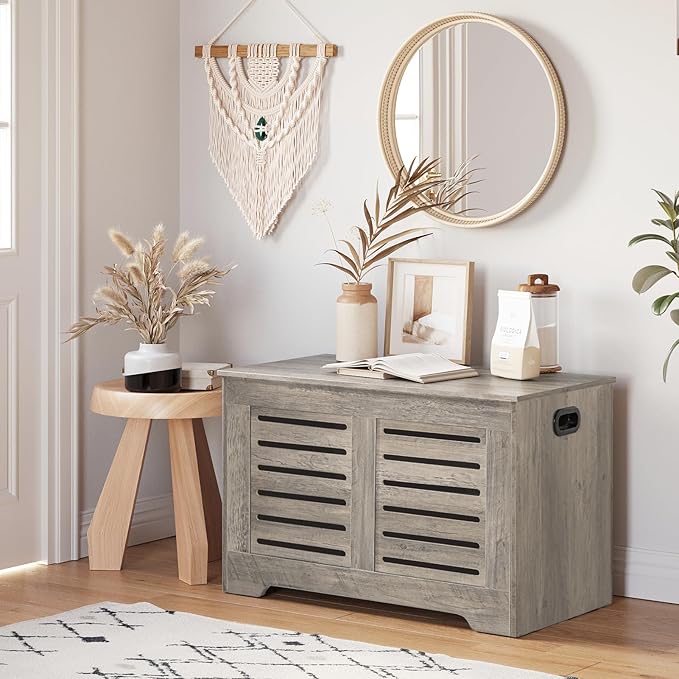 DINZI LVJ Storage Chest, Flip-Top Wooden Toy Box with 2 Safety Hinges, Entryway Shoe Storage Bench, Good Ventilation, Storage Trunk for Living Room, Bedroom, Easy Assembly, Grey Wash