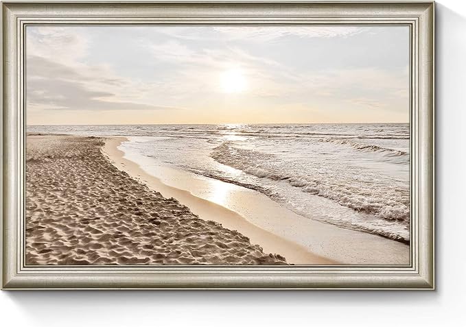 Coastal Beach Picture Wall Art: Sunset Ocean Framed Artwork Modern Sea Waves Canvas Painting Tropical Scenery Nature Sands Seaside Seacape Prints for Bathroom Living Room Bedroom