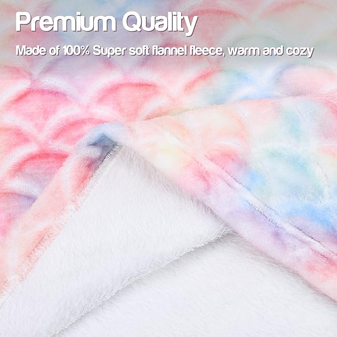 Catalonia Kids Mermaid Tail Blanket, Super Soft Plush Flannel Sleeping Snuggle Blanket for Girls, Cotton Candy, Fish Scale Pattern, Mermaid Gifts for Girls Birthday