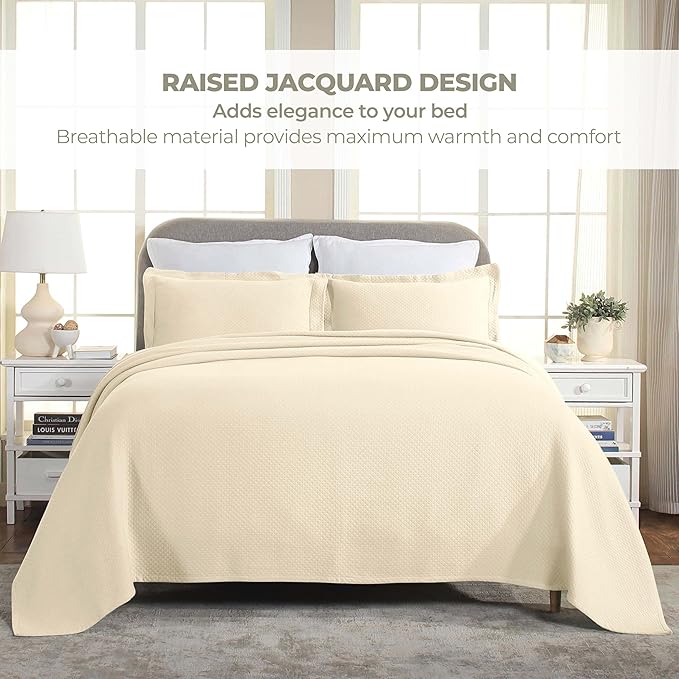 Superior Solitaire Cotton 3 Piece Bedspread Set, Home Bed Decor, Decorative Textured Bed Spread, 2 Pillow Shams, Airy Blanket, Matelasse Coverlet Bedding, All-Season Accent Blanket, Full, Ivory