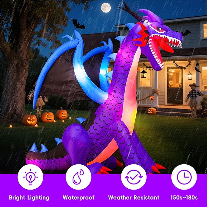8FT Halloween Inflatables Dragon Decorations with Built-in LED Lights, Blow Up Yard Decor for Halloween Outdoor Lawn Garden Holiday Party