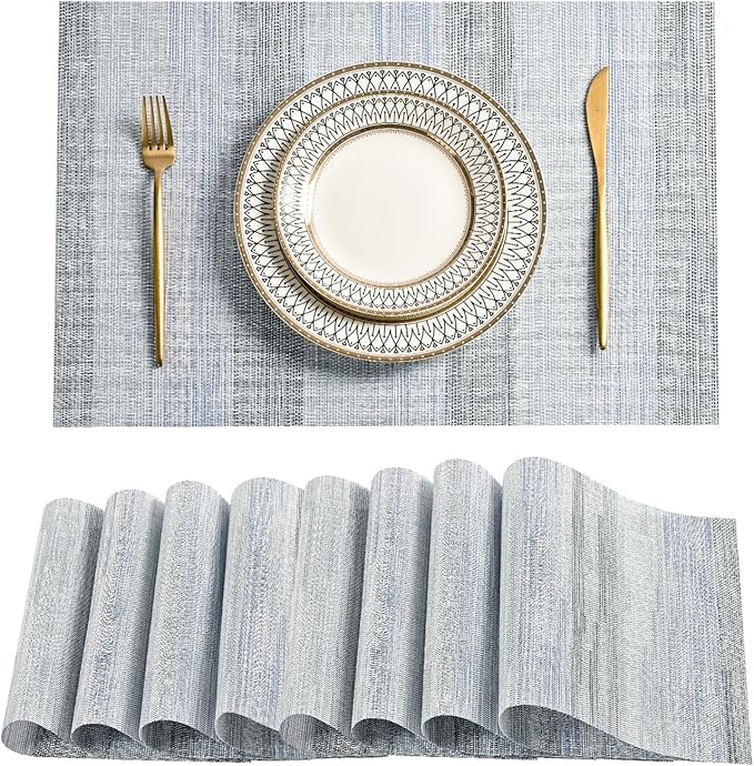 Leetaltree LightSteel Blue Placemats Set of 8 - Heat Resistant Non-Slip Place mats for Dining Table, Washable Durable PVC Vinyl Woven Table Mats(LightSteel Blue, 8)