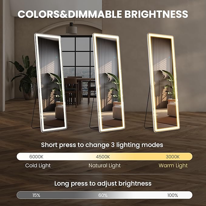 Sweetcrispy Full Length Mirror with LED Lights, 60"x16" Lighted Floor Mirror with Dimming & 3 Color Lighting, Stand for Bedroom, Dressing Room, Rectangle