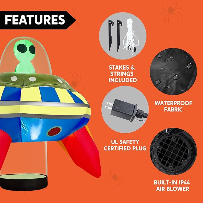 Joiedomi 5 FT Halloween Inflatable Outdoor Decoration, Inflatable Alien Decor Outdoor, Alien Blow Up with UFO Yard Decorations with Colorful LEDs for Halloween Decor