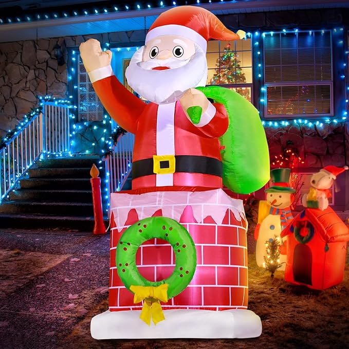 DomKom Christmas Inflatables Outdoor Decoration, 6 FT Chimney Santa Claus with Gift Bag Blow up Build-in Led Light Party Lawn Holiday Winter Outside Decor