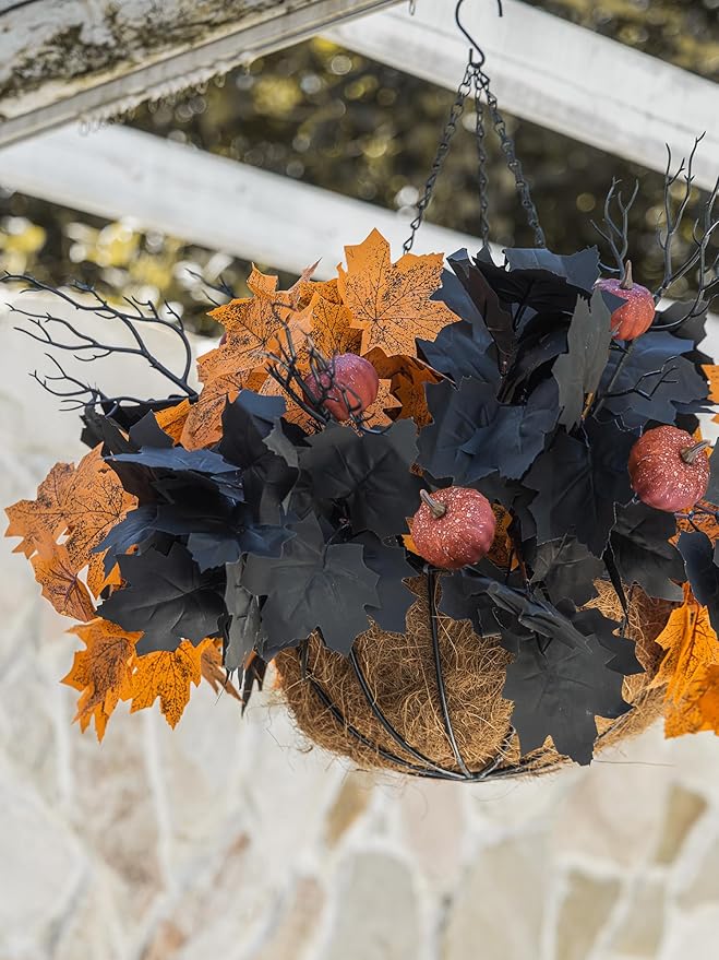 10pcs Fake Plants Outdoor, Halloween Maple Pumpkin Branch, Autumn Artificial Pumpkins Stem with Black & Orange Maple Leaves, Faux Maple Leaves Spray for Halloween Thanksgiving Home Deocr