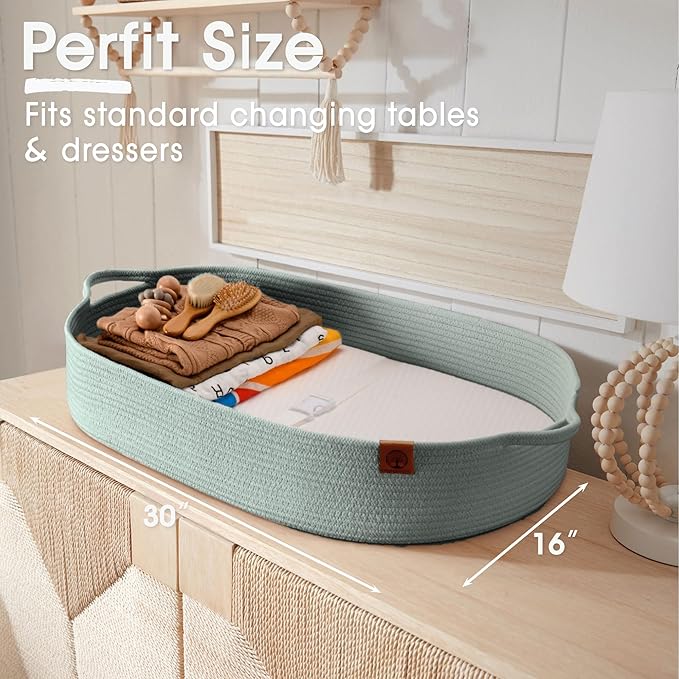 Baby Changing Basket Includes Diaper Caddy - Breathable & Waterproof Dual-Cover, Portable, Changing Pad for Dresser & Changing Table, Gift for Baby Shower, Cotton Rope Basket for Baby