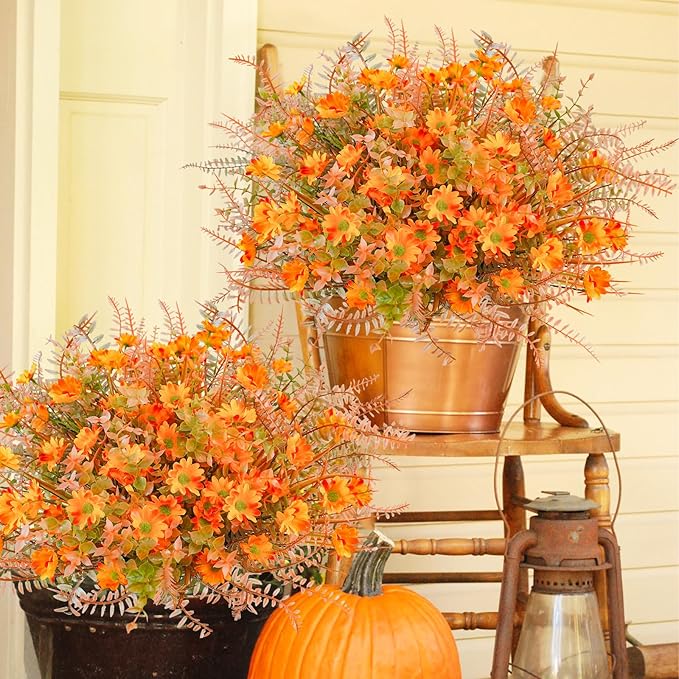 24 Pcs Artificial Fall Flowers for Outdoors Fake Fall Flowers UV Resistant Faux Fall Mums Plants Autumn Decor for Outside Home Planter Front Porch Garden