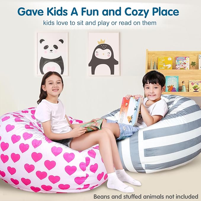 Lukeight Stuffed Animal Storage Bean Bag Chair Cover for Kids, Zipper Beanbag Chair Cover for Organizing Toddler and Kids' Rooms Plush Toys (Heart Velvet, Large)