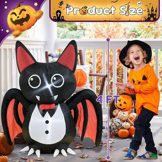 4FT Halloween Inflatable Bat Halloween Decorations Spooky Blow Up Decor with LED Lights Indoor Outdoor Yard Graden Party Holiday Decorations