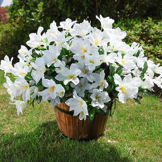 Artificial Flowers for Outdoors, 3 Bundles Fake Silk Azalea Bouquet Faux Flower Plants Outside Decoration UV Resistant Realistic Fake Flowers for Planter Front Door Patio Garden Walkways Home, White