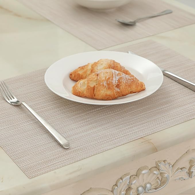 Leetaltree Beige White Placemats Set of 8 - Heat Resistant Non-Slip Place mats for Dining Table, Washable Durable PVC Vinyl Woven Table Mats(Beige White, 8)