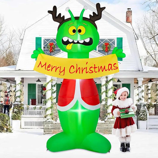 8FT Christmas Inflatable Outdoor Decoration, Inflatable Alien Christmas Blow Up Yard Decorations with Built-in LEDs Inflatable Xmas Decorations for Party Garden Yard Lawn Decor