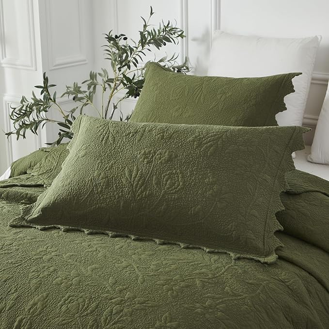 Brandream Queen Size Quilt Set Cotton Green Quilts Luxury Farmhouse Bedding Set Matelasse Coverlet Scalloped Quilt Set 3-Piece