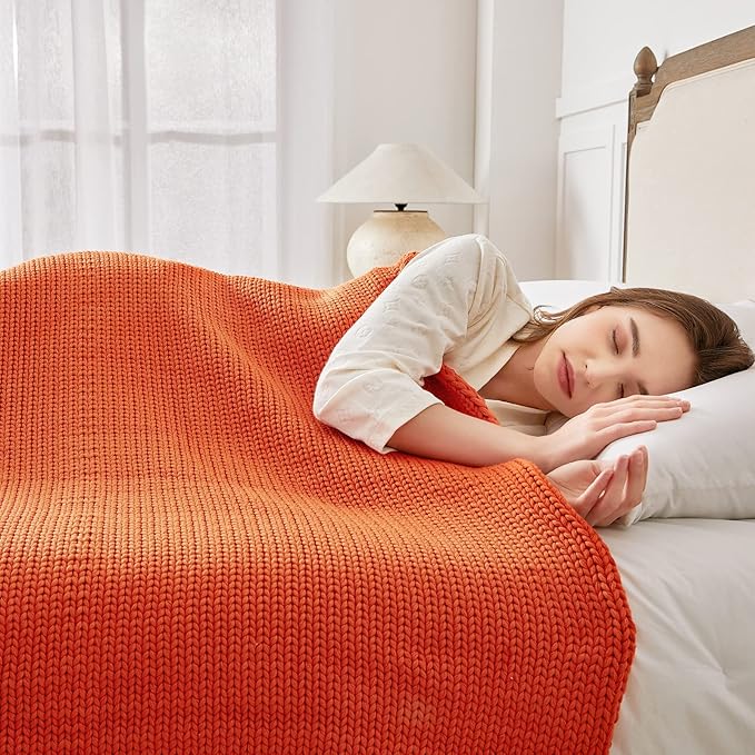 Knitted Weighted Blanket(Orange 50"x60" 10lbs),Home Décor Cooling Throw Blanket for Hot Sleepers,Hand Made Chunky Knit Heavy Blanket or Adults Use on Twin Size Bed