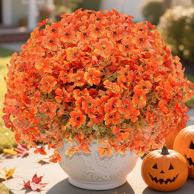 Fall Flowers Artificial for Decoration, Artificial Fall Mums Flowers for Outdoors, Fake Flowers Daisy Eucalyptus Realistic UV Resistant for Garden Patio Porch Home Decor (12, Orange-Green Leaves)