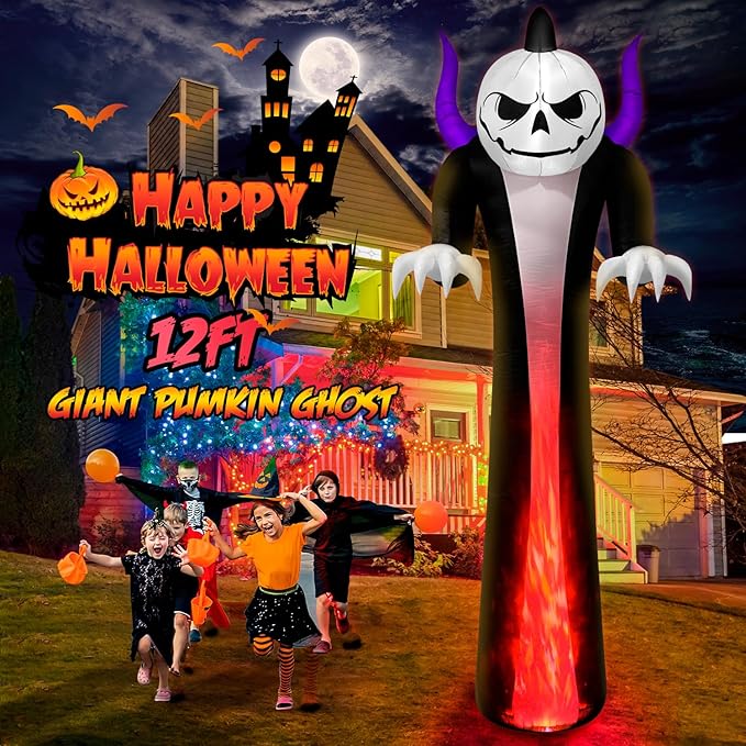 12FT Halloween Inflatables Decoration Outdoor Giant Pumpkin Reaper Ghost Built-in 3-Colored Rotation Flame LED Halloween Blow Up Yard Decorations Spooky Outdoor Party Yard Lawn Decor(1PCS)