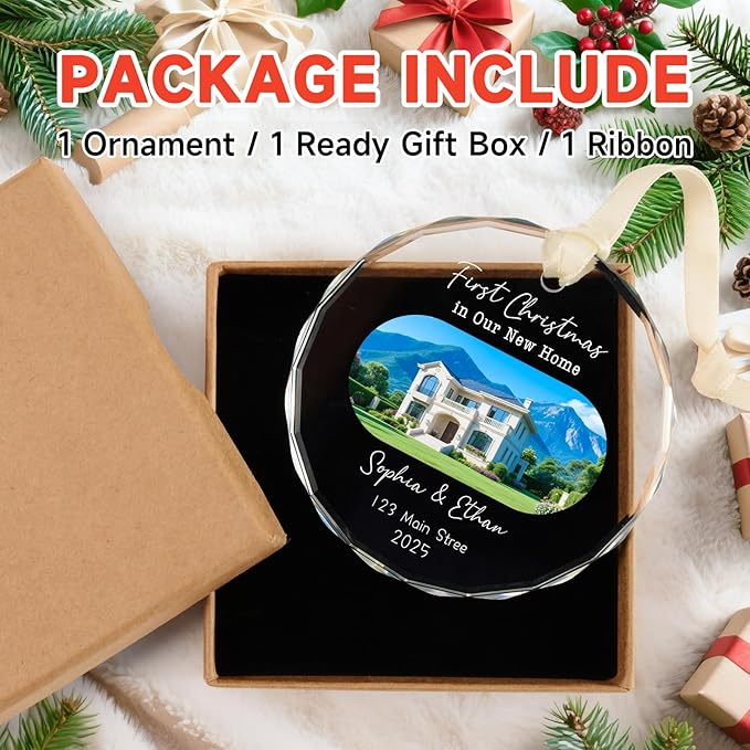 House Warming Gifts New Home Ornament Personalized First Home Christmas Ornaments 2025, New Home Gift Ideas, Housewarming Gift Ideas for Women, Custom Photo Christmas Crystal Ornament