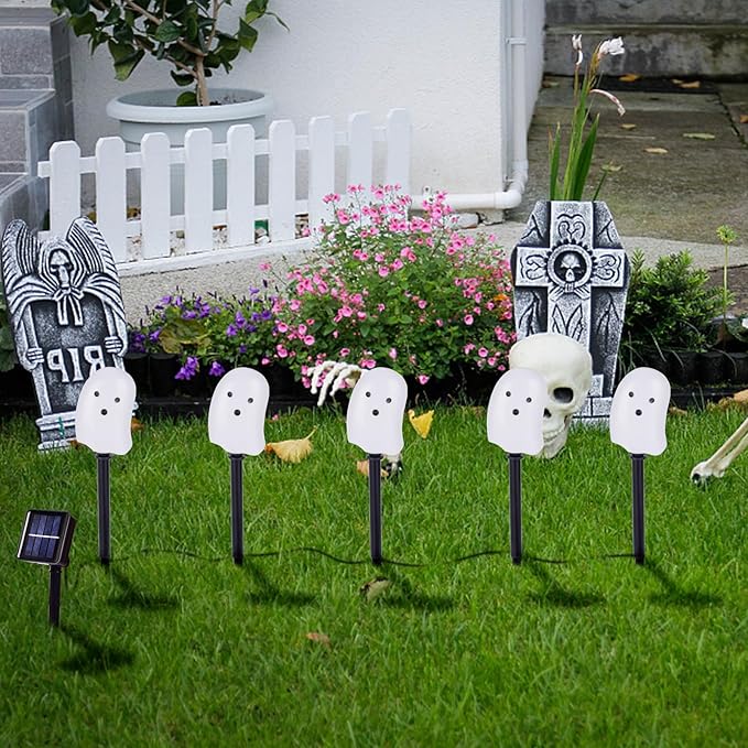 BRIGHTDECK Solar Halloween Ghost Pathway Lights, 5 Pack Ghost Stake Lights, Durable Waterproof Outdoor Halloween Decoration for Garden, Patio, Walkway, and Yard (5Pcs Ghost)
