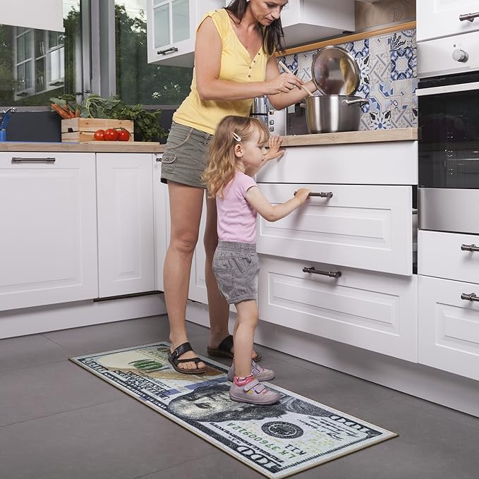Machine Washable $100 Bill Design Non-Slip Rubberback 17x43 Modern Runner Rug for Hallway, Kitchen, Bedroom, 17" x 43", Multicolor