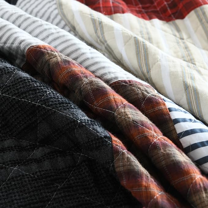 mixinni 100% Cotton Quilt Set for Queen Size Beds, Boho Patchwork Red Checkered Pattern Bedding Comforetr Set, 3-Piece Reversible Lightweight Bedspread Coverlet Set for All Season (90"x98")