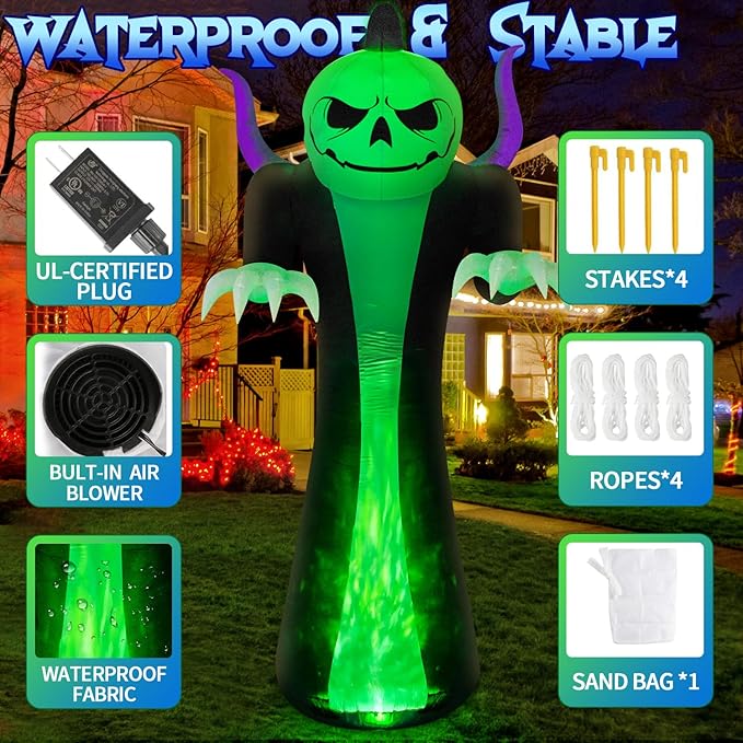12FT Halloween Inflatables Decoration Outdoor Giant Pumpkin Reaper Ghost with 3-Colored Rotation Flame LEDs Spooky Halloween Blow Up Yard Decorations Outdoor Holiday Party Yard Lawn Decor