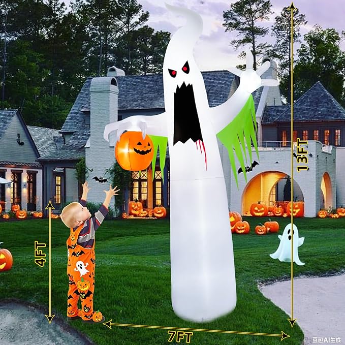 B&D 13FT Halloween Inflatables Outdoor Decorations, Giant White Ghost Inflatable Halloween Decorations Built-in Red LED Flame Light Halloween Blow up Inflatable Ghost for Party Yard Garden Lawn Decor