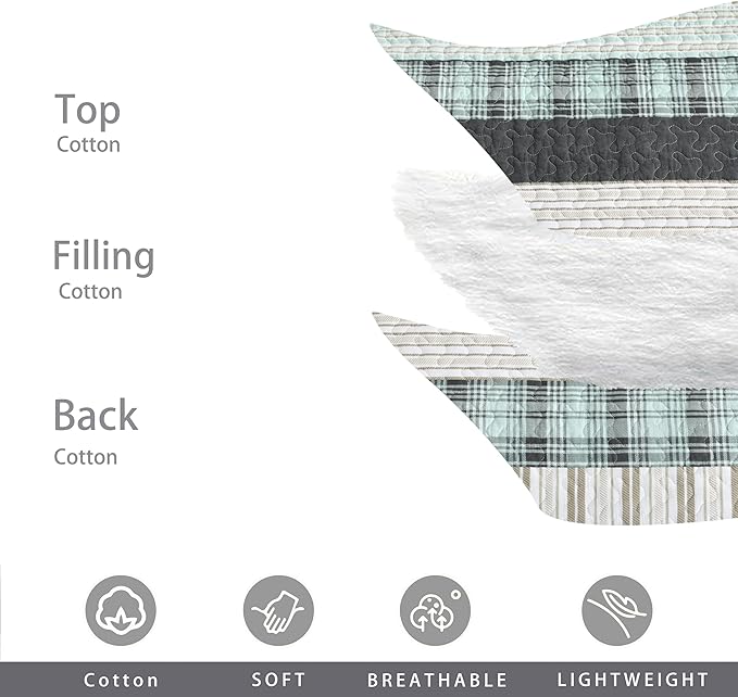 Homzard King Comforter,Cotton King Size Quilt,Teal Black White Bedding Set,Plaid Striped Bedspread,Lightweight Reversible Coverlet All Season 3 Pieces