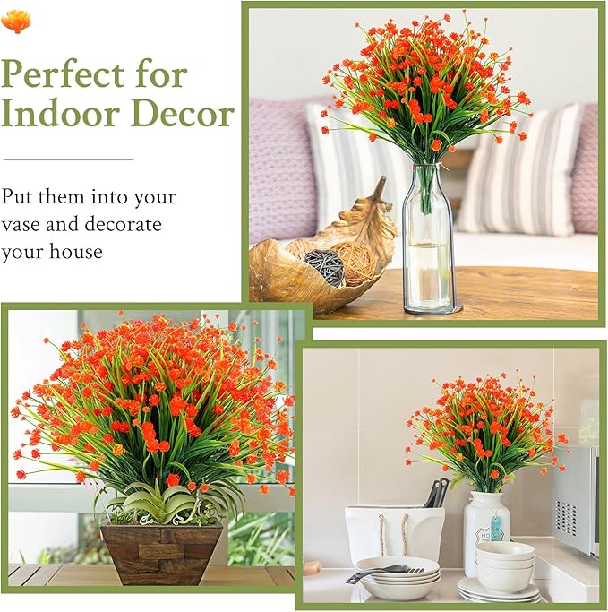 Hoteam 50 Bundles Fall Outdoor Artificial Flowers Plants Uv Resistant Outside Faux Flowers Plastic Fake Plants Outdoor Summer Seasons Decoration Shrubs Garden Porch, Orange