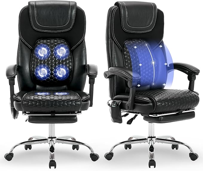 Massage Executive Office Chair 2-Pack with Heat and Footrest, Ergonomic Reclining Leather Desk Chair with Wheels, High-Back Big and Tall Computer Chair for Home Office, Study, Gaming, Black, 300 lbs