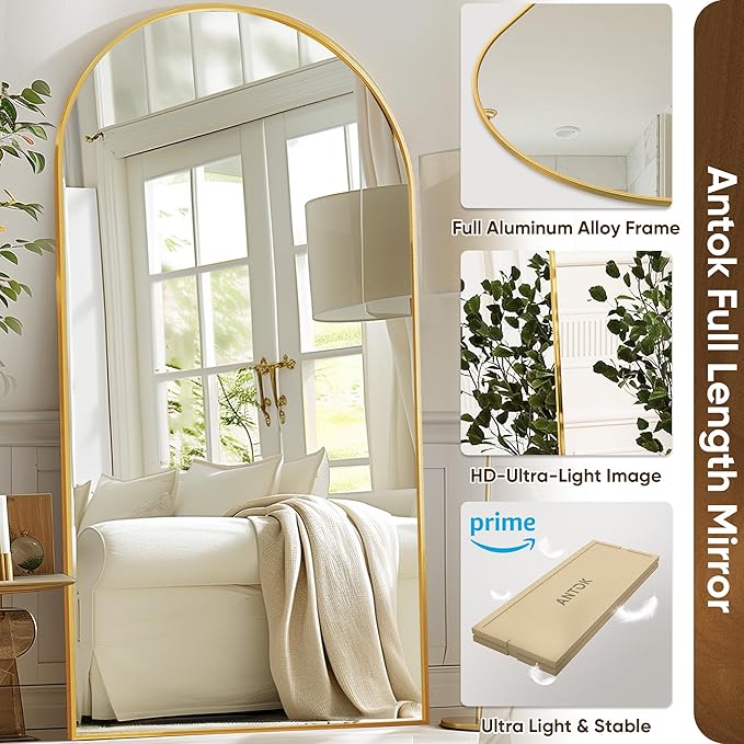 Arched Floor Mirror, 81"x41" - Full Body Mirror with Stand for Bedroom or Living Room, Gold