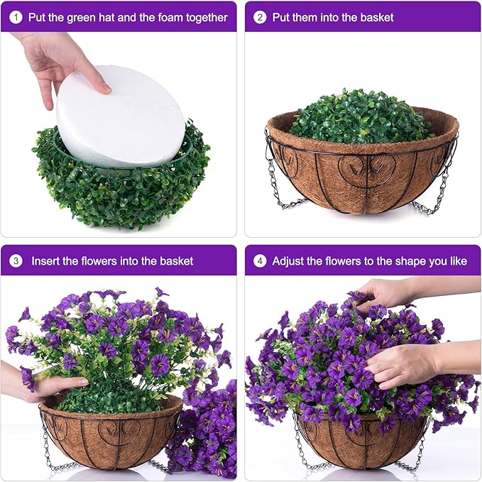 Artificial Fake Hanging Plants Flowers Basket for Outdoors Spring Summer Decoration, Silk Purple Morning Glory Eucalyptus UV Sun Resistant Realistic Faux Flowers for Outside Porch Patio Balcony Home