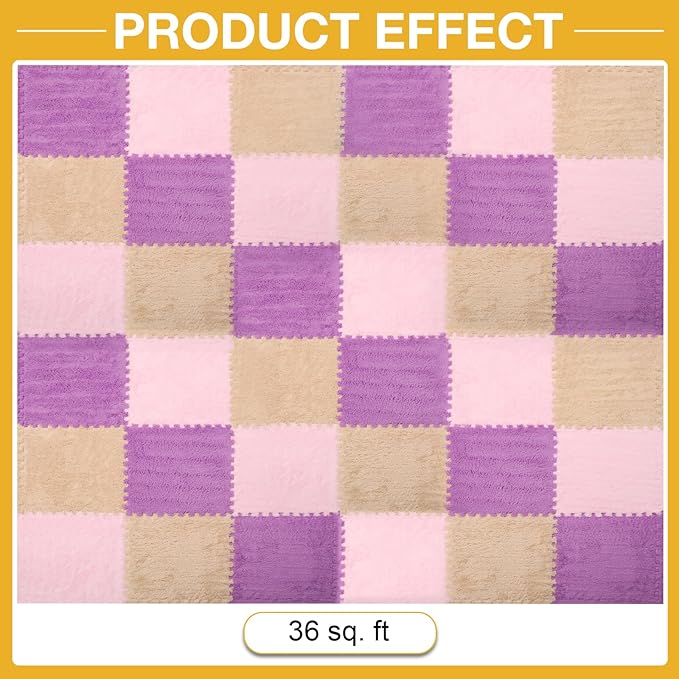 36 Pcs Plush Interlocking Carpet Tiles,Non-Toxic Foam Carpet Tiles for Toddler Baby,Machine-Washable,Anti-Slip,EVA Foam Interlocking Tiles for Floor, Nursery, Playroom,Purple,Light Brown,Pink