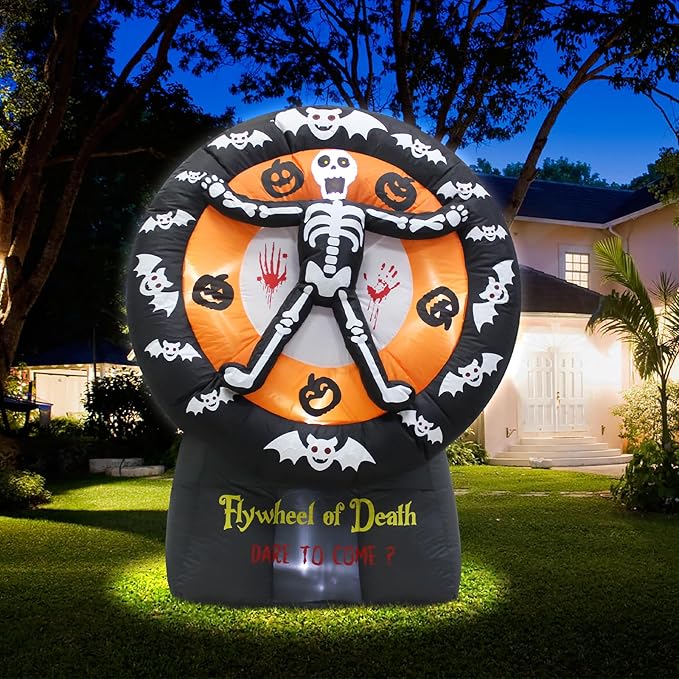 5FT Halloween Day of The Dead Skull Ghost Death Flywheel Inflatable Outdoor Decoration with Built-in LED for Indoor Party Garden Lawn Decoration