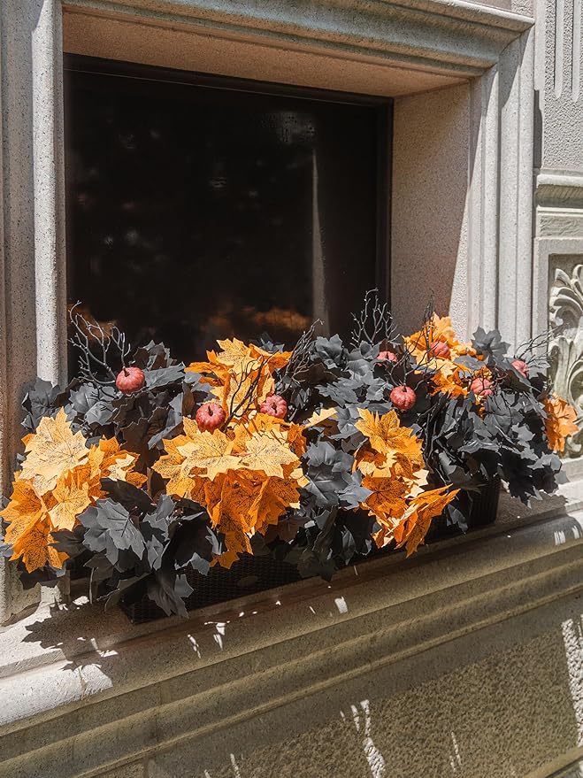 10pcs Fake Plants Outdoor, Halloween Maple Pumpkin Branch, Autumn Artificial Pumpkins Stem with Black & Orange Maple Leaves, Faux Maple Leaves Spray for Halloween Thanksgiving Home Deocr