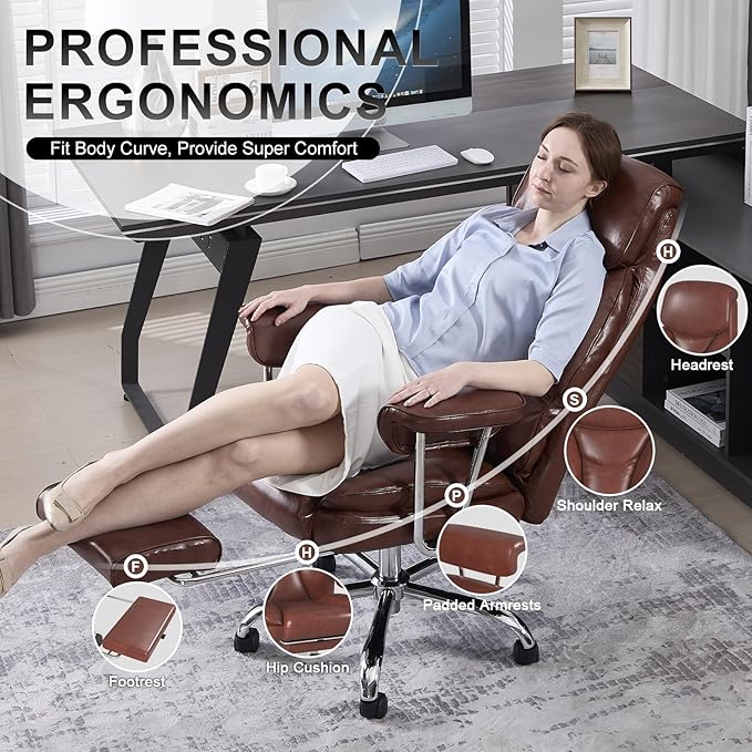 Big and Tall Office Chair, Ergonomic Leather High Back Executive Computer Desk Chair with Retractable Footrest and Padded Arms, 360°Swivel Free, 90-135°Reclining, 500lbs Wide Seat, Brown