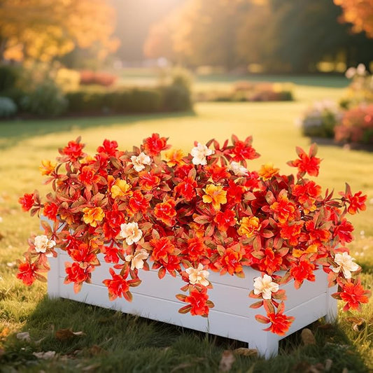 Fall Flowers Artificial for Decoration, Fake Silk Rhododendron Flowers for Outdoors, 2 Bundles Faux Azalea Outside UV Resistant No Fade Floral for Home Garden Balcony Walkway Wedding Party Decor