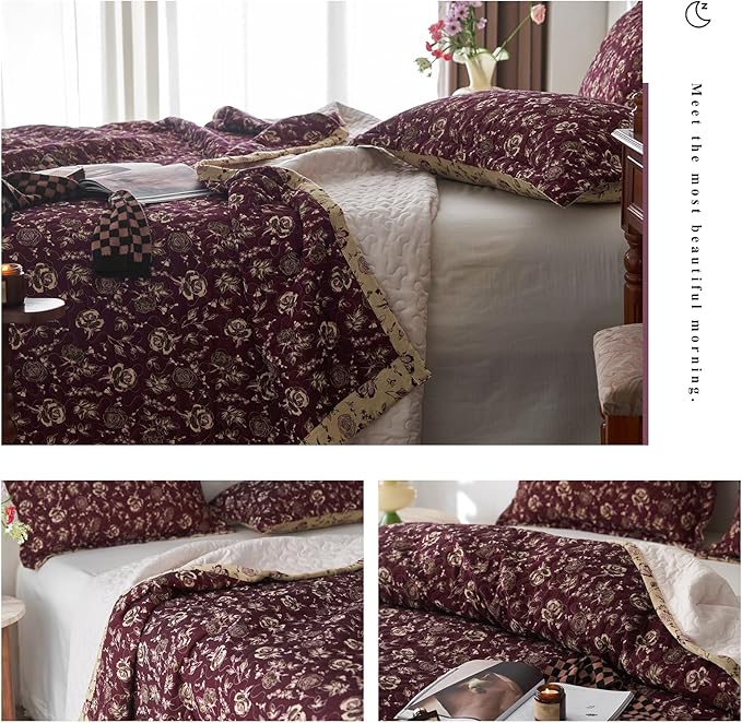 mixinni Red Floral Print Queen Size Quilt Set Soft Cotton Double-Laye Retro Rose Pattern Quilt Bedding Set Farmhouse Bedspread Coverlet Sets, 3-Pieces Including Pillow Shams (90x90 Inches)