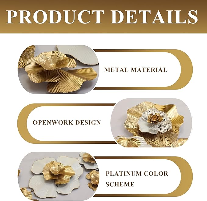 Metal Wall Art, White Gold Abstract Wall Decorations Metal Wall Decor, Modern Metal Wall Sculptures,Large 3D Vertical 49"*25" Flower Wall Decor for Living Room Dining Room Bedroom Wall Hanging Decor