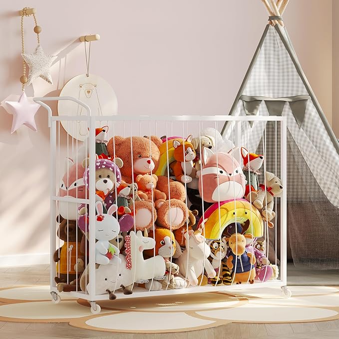 BBLIKE Stuffed Animal Storage Tower Rolling Cart - Zoo Cage Organizer for Kids' Plush Toys - Extra Large Storage Holder for Stuffy, Plushies & More in Playroom or Bedroom, 214L, White