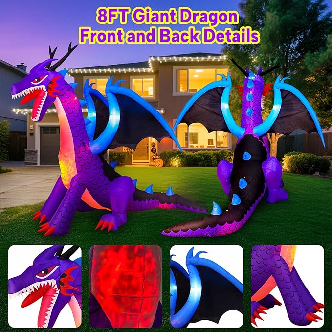 8FT Halloween Inflatables Dragon Decorations with Built-in LED Lights, Blow Up Yard Decor for Halloween Outdoor Lawn Garden Holiday Party