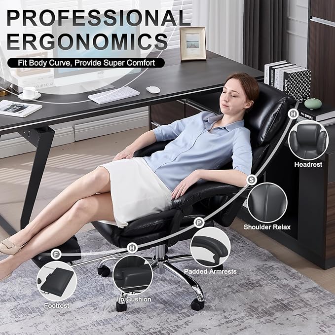 Big and Tall Office Chair, Ergonomic Leather High Back Executive Computer Chair with Retractable Footrest, Adjustable Headrest, Padded Arms, 360°Swivel Free, 90-135°Reclining, 500lbs Wide Seat, Black