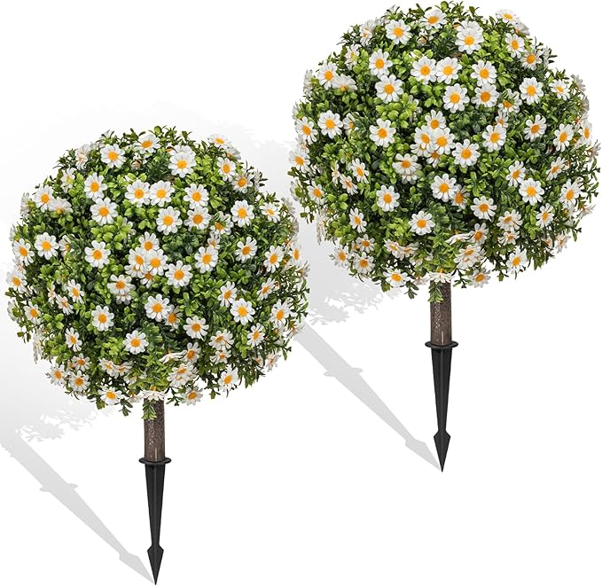 Artificial Topiary Ball with Ground Spike Set of 2, Faux Boxwoods for Outdoor Planters, UV Resistant Artificial Outdoor Plants for Porch, Fake Bushes Round Flower Shrub with White Daisy