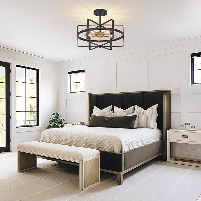 5-Light Farmhouse Semi Flush Mount Ceiling Light, 12.6'' Modern Black and Gold Ceiling Light Fixture Industrial Lighting Fixture for Entryway Hallway Foyer Dining Room Kitchen Bedroom