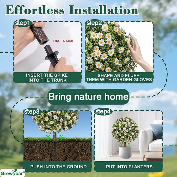 Artificial Topiary Ball with Ground Spike Set of 2, Faux Boxwoods for Outdoor Planters, UV Resistant Artificial Outdoor Plants for Porch, Fake Bushes Round Flower Shrub with White Daisy