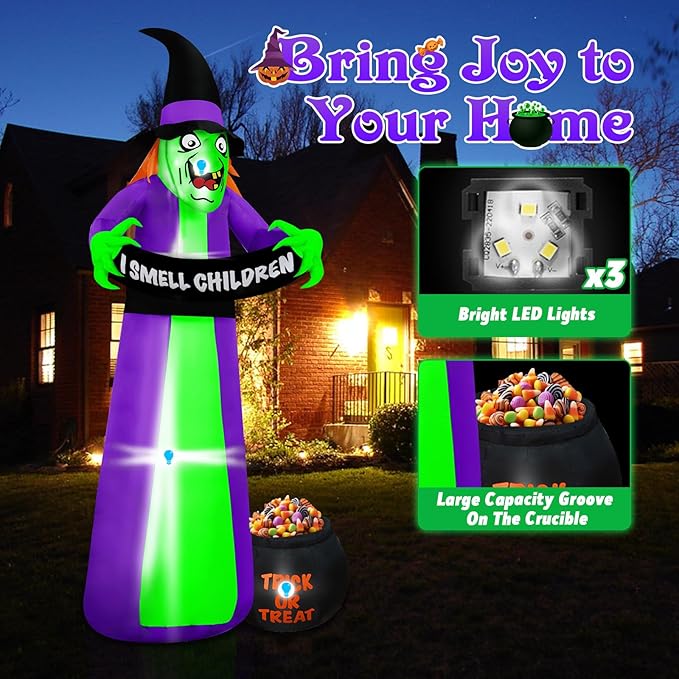 8Ft Halloween Inflatables Witch Outdoor Decorations with Candy Cauldron, Scary Blow Up Witch Holds I Smell Children Banner, Inflatable Halloween Build-in LEDs for Party Yard Lawn Garden Decor
