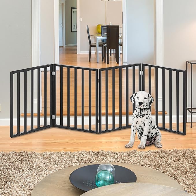 Indoor Pet Gate - 4-Panel Folding Dog Gate for Stairs or Doorways - 72x24-Inch Freestanding Pet Fence for Cats and Dogs by PETMAKER (Black)