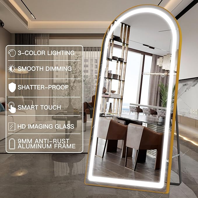 FENNIO Full Length Mirror with Lights, 70" x 32" LED Full Body Mirror, Arched Wall Mounted Hanging Mirror with Lights for Bedroom, Salon, 3 Color Lighting, Tempered Glass, Brushed Aluminum Frame